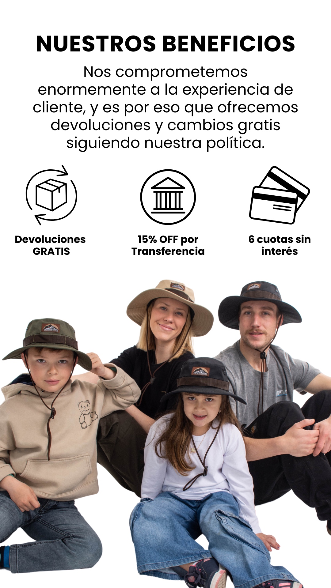 NUESTROS BENEFICIOS Nos comprometemos enormemente a la experiencia de cliente, y es por eso que ofrecemos devoluciones y cambios gratis siguiendo nuestra política. Devoluciones  GRATIS 15% OFF por Transferencia 6 cuotas sin interés